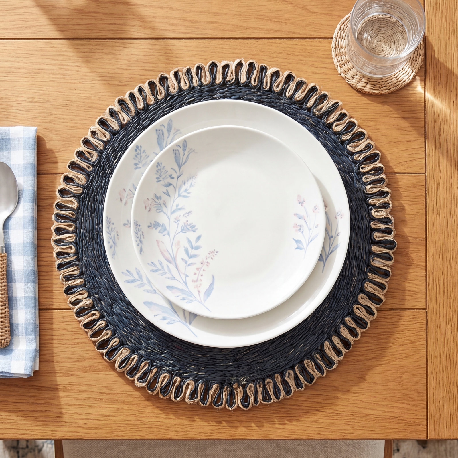 Amaretto Abaca No Pattern Round Placemat, Navy/Natural