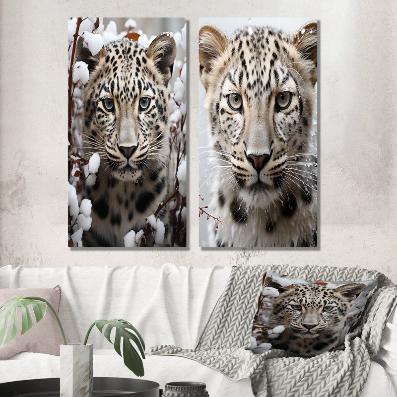 Subdued Majesty Leopard Snow Charm - Ensemble de 2 impressions sur toile léopard, H 28 po x l 25 po, Toile tendue