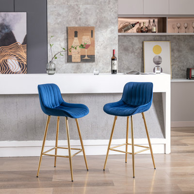 Amyris 30 inch Set of 2 Bar Stools,with Chrome Footrest Velvet Fabric Counter Stool Golden Leg Simple High Bar Stool