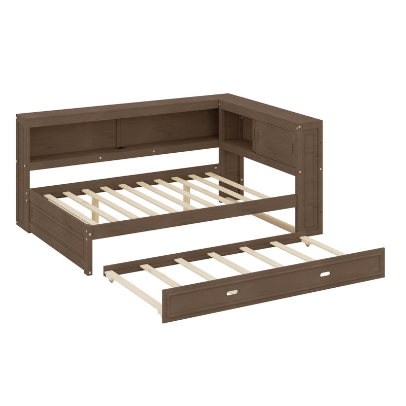 Lit de jour en bois avec tablettes de rangement, USB, DEL et lit gigogne, Brun