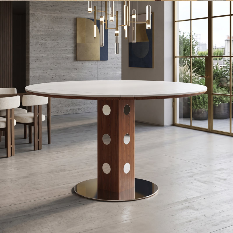 Table de salle à manger ronde extensible de 120 cm avec rallonge rabattable, plateau en pierre frittée blanche et colonne en noyer, montage rapide et facile