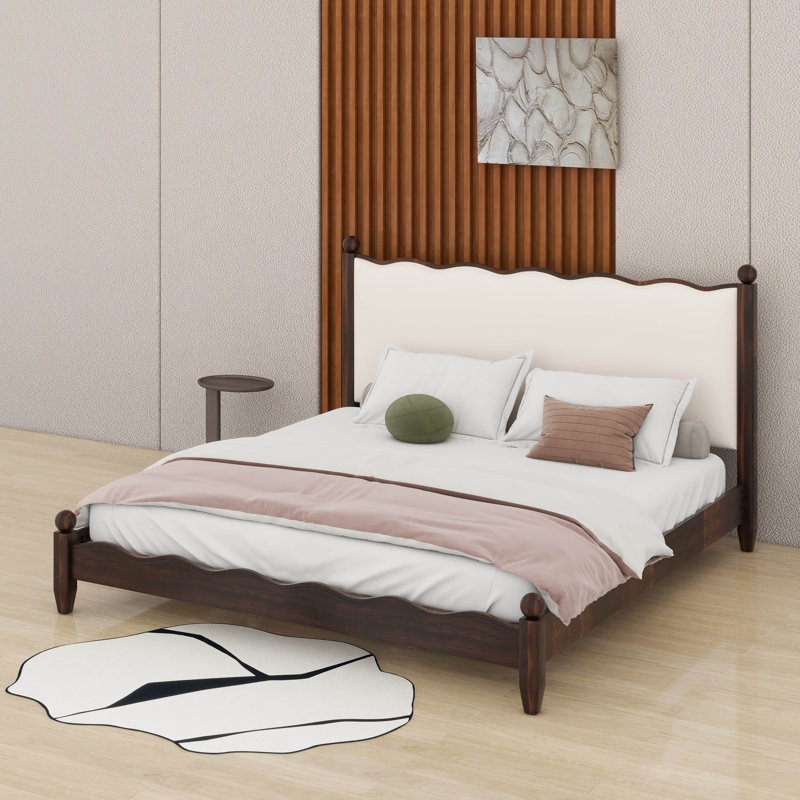 Wood Platform Bed With Upholstered Headboard, Très grand lit, Espresso/Beige