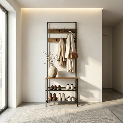 Hall Tree Entryway Organizer, Coat Rack with Hanging Rail, Multi-Tier Shoe Storage Shelves & 9 Hooks, Space-Saving Freestanding Hallway Bench Organizer for Foyer
