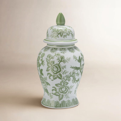 Ebba Temple Jar with Lid - Ceramic Green and White Floral Chinoiserie Decorative Stoneware for Home, Office, Gift Idea