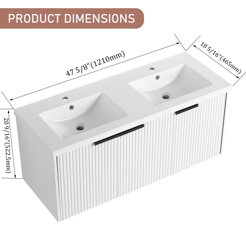 Meuble-lavabo double 48 po avec plateau en résine, Blanc/Noir