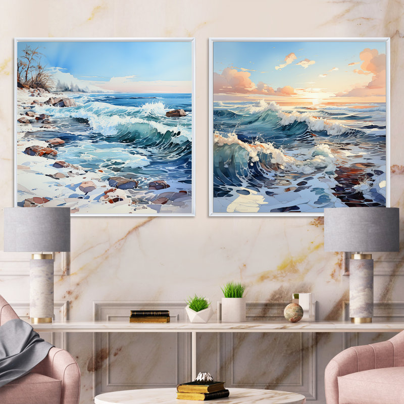 Océan paysage d'hiver - ensemble de 2 collages carrés océan, Cadre flottant blanc, H 30 po x l 61 po
