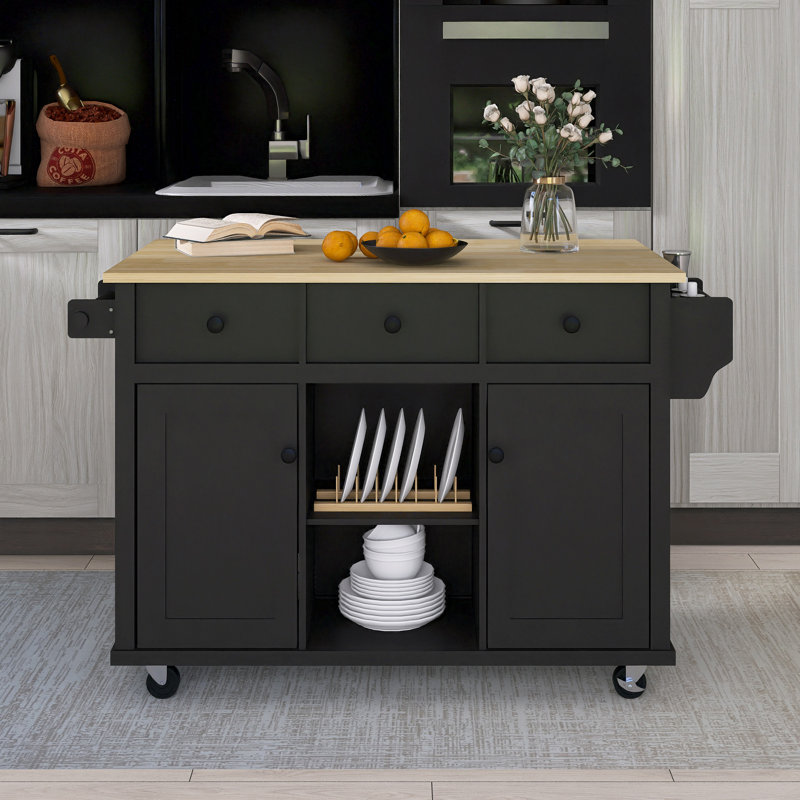 53.1" Rubber Wood Drop-Leaf Countertop Kitchen Cart With 5 Wheels With Storage Cabinet And 3 Drawers, Black