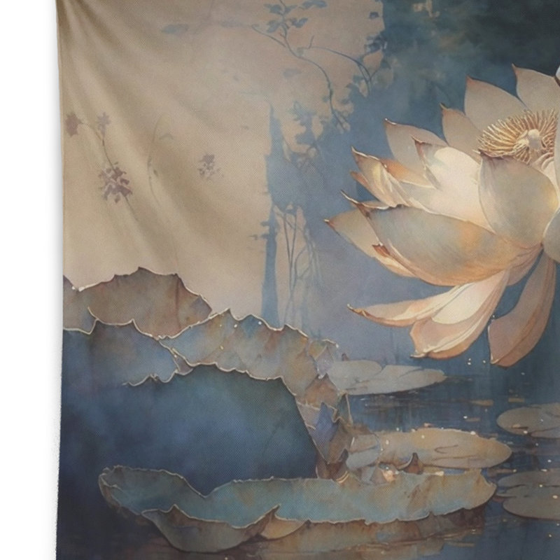 White Vintage Lotus At Dawn - Floral Lotus Wall Tapestry, 50" H x 60" W