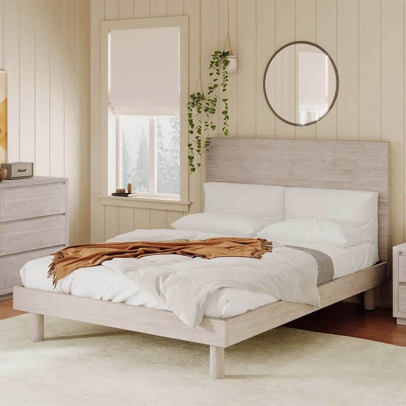 Modern Concise Style Solid Wood Grain Platform Bed Frame, Stone Gray, Full