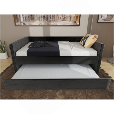 Lit de jour moderne avec lit gigogne, canapé-lit en velours noir rembourré avec accents dorés, lit d'invité peu encombrant pour chambre à coucher ou salon