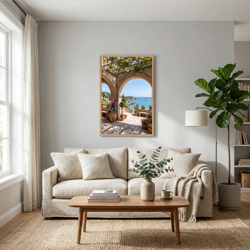 «Stone Archway» donnant sur une baie turquoise et des pots en terre cuite, 48"H x 36"W