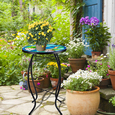 Small Round Side End Tables, Mosaic Side Tables With Red Flowers And Birds, Decorated For Gardens, Courtyards And Balconies
