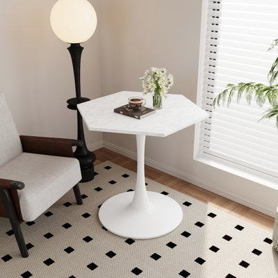 Table basse hexagonale moderne 31,50 "avec plateau en marbre imprimé blanc et base en métal pour la salle à manger, la cuisine et le salon