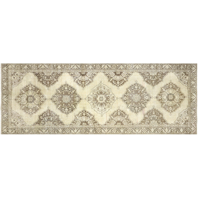 Tapis de couloir unique en laine noué à la main de style années 1960 de 4 pi 8 po x 12 pi 8 po beige / vert