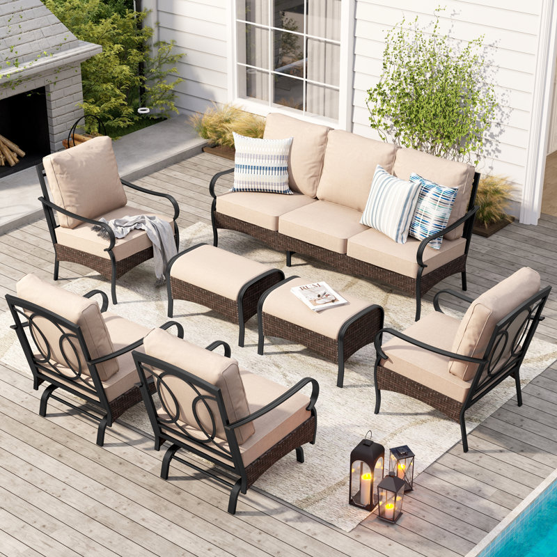 Salem 7-Person Rocking Powder Coated Steel Outdoor Seating Group with Cushions, No