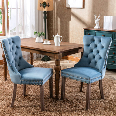 High Velvet Dining Chair In Blue, Sw2001lb Blue With Decorative Rivets And Wood Legs,