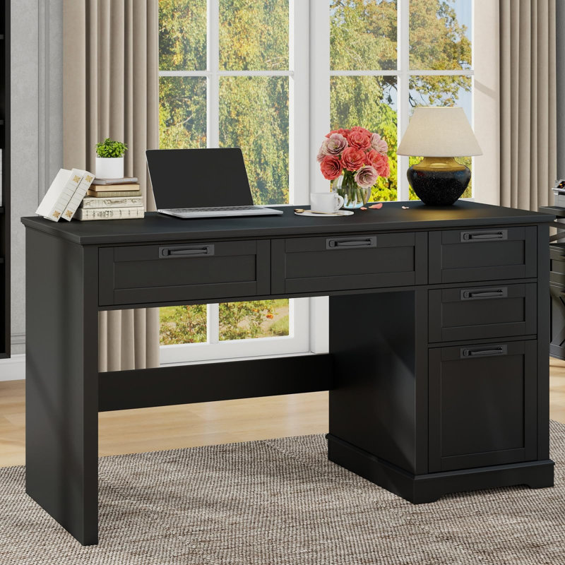 55" Farmhouse Home Office Desk With File Drawer, Black/Black