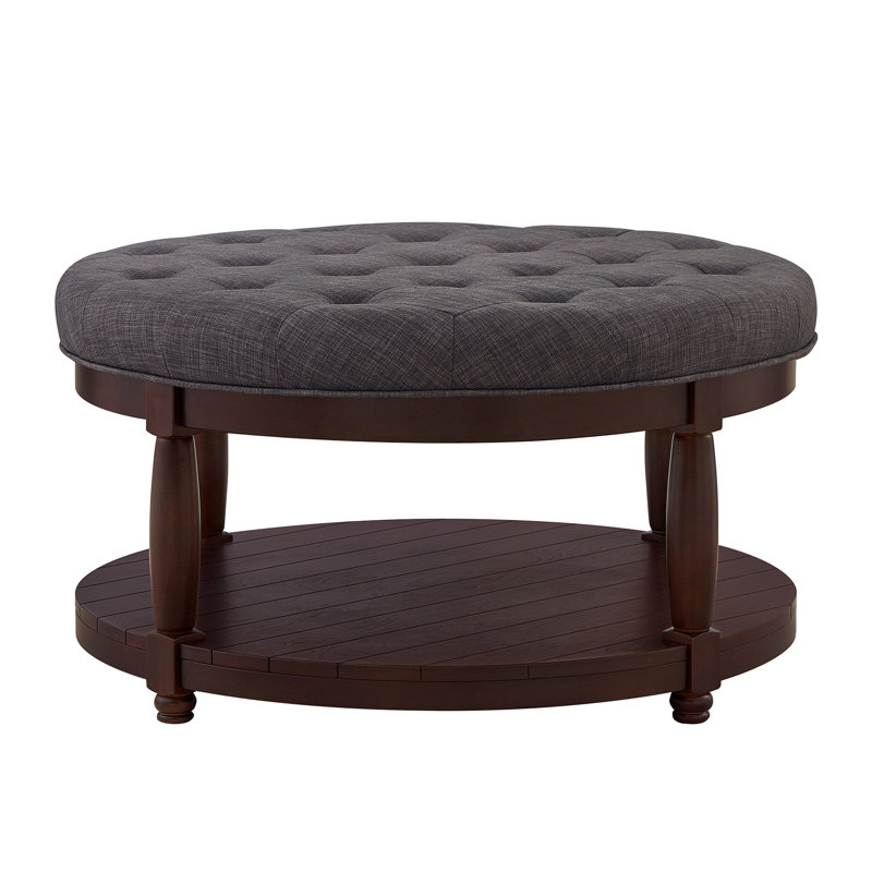 Grande table basse ronde en lin gris foncé, tablette de rangement en bois, structure robuste, assise de 45,7 cm (18 pouces), capacité de charge de 136 kg (300 livres), usage intérieur/extérieur, montage facile et rapide en 5 minutes, structure grise, 82,5 cm (32,5 pouces) de hauteur.