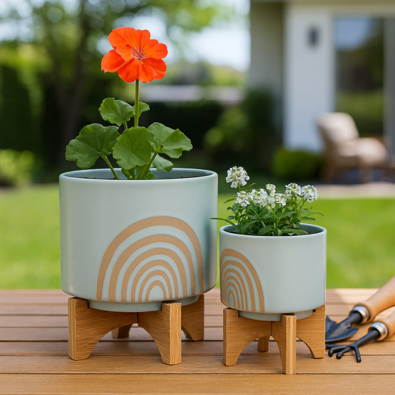 Rainbow Motif Outdoor Planters on Wood Stands for Indoor Home Decor - Modern Ceramic Flower Pots for Living Room or Patio - Set of 2, 11", 7" Green & Tan