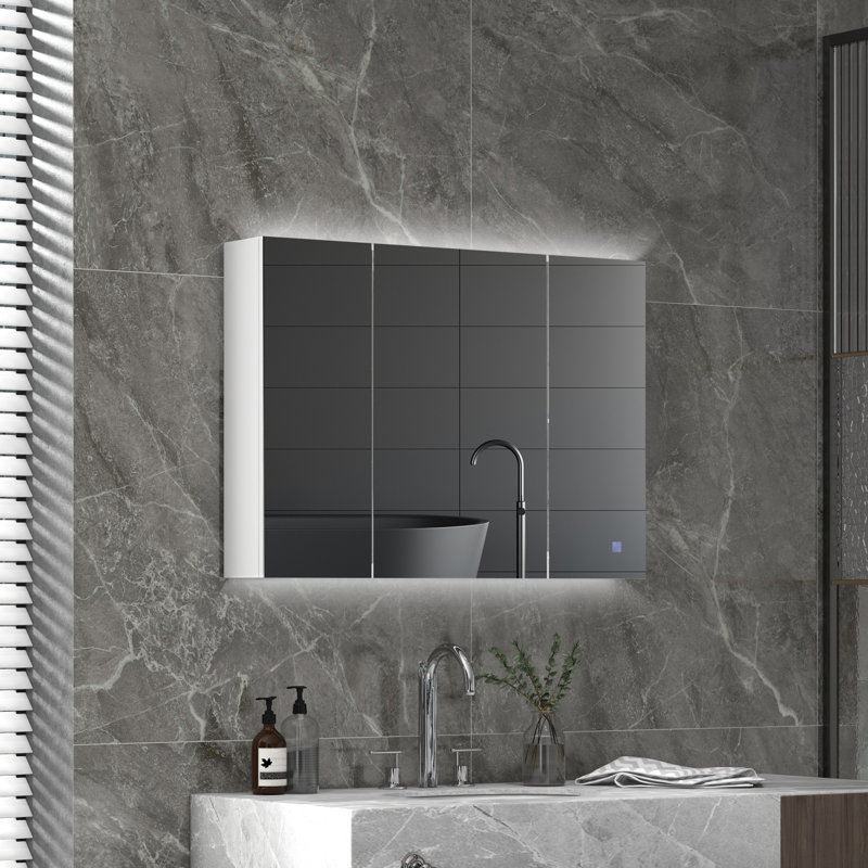 Pharmacie murale éclairée avec miroir, tablettes réglables et chargement USB, panneau de fibres à densité moyenne blanc ultrabrillant pour le rangement dans la salle de bain