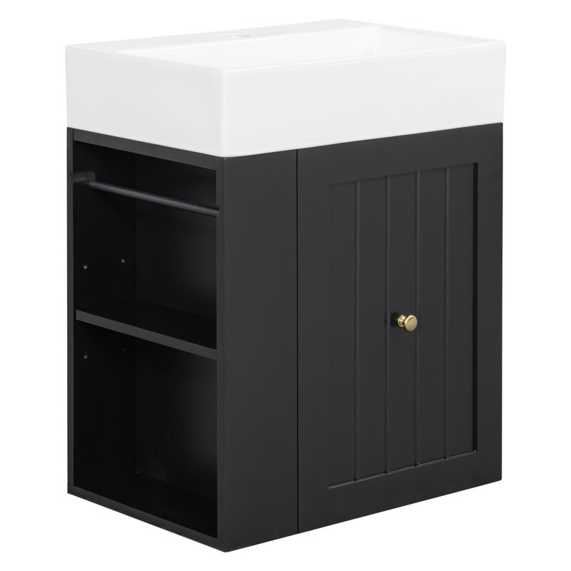 Meuble-lavabo mural 20 po avec lavabo monotrou en céramique, tiroir et tablette latérale, noir, Noir