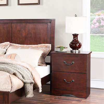 Chambre à coucher avec table de chevet 2 tiroirs en cerisier - bois de pin et métal