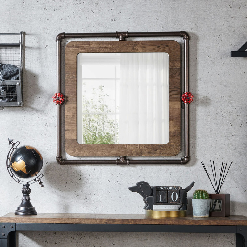 Tomaz Industrial Flat Wall Mirror with Metal Pipe Frame, Reclaimed Oak, 18-Inch