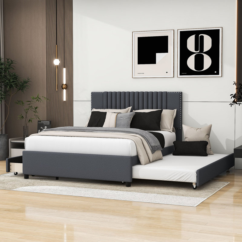Lit plateforme avec rangement Lafonya, Double, gris
