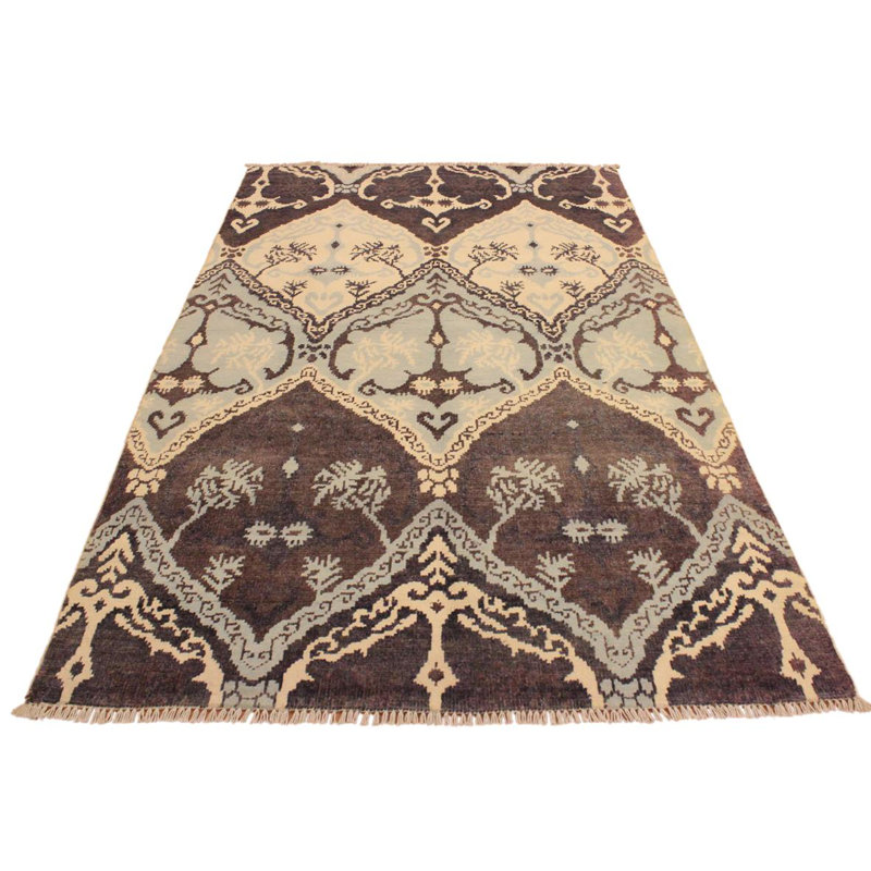 Tapis ivoire / brun en laine noué à la main à motif floral 4 pi x 6 pi Floral