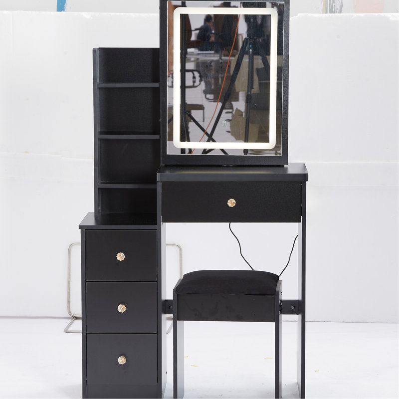 Coiffeuse noire avec miroir tactile à DEL coulissant, réglable en couleur, tabouret rembourré, idéale pour les petits espaces. Design américain.