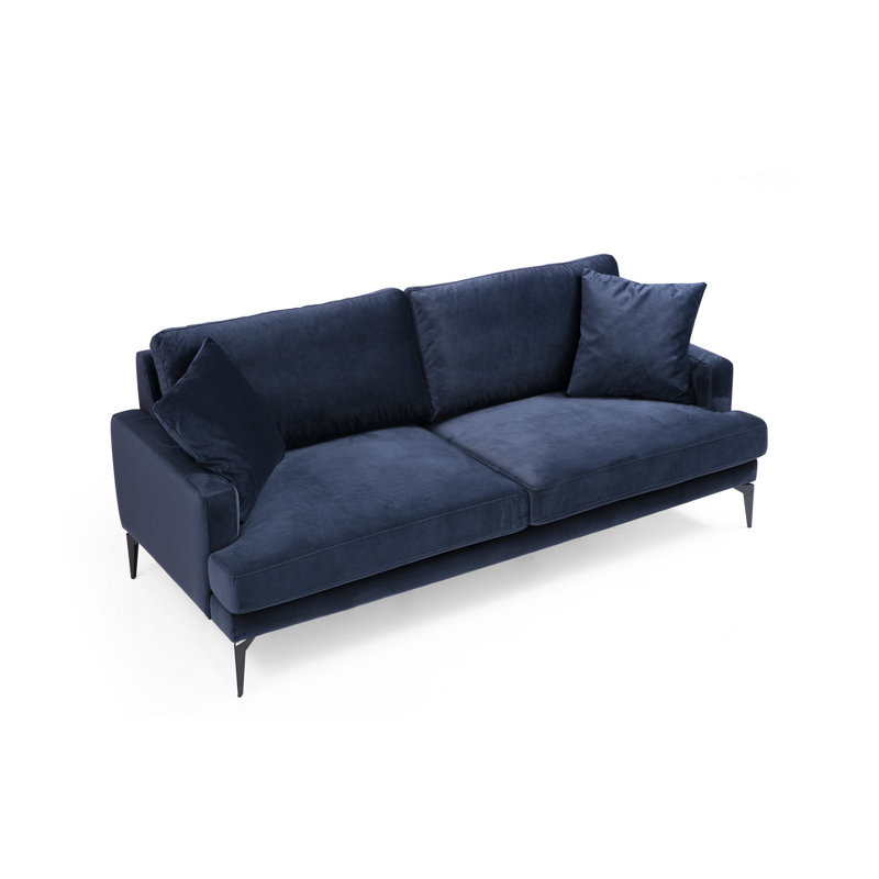 Élégant canapé 2 places, bleu marine | Cadre en bois de hêtre et en carton, 69 po x 35,4 po x 34,6 po | Tissu 100% polyester, nettoyage à sec | Coussins en mousse et en silicone gris doux | Design industriel moderne avec pieds en métal noir
