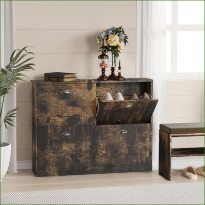 Shoe Cabinet, Slim Narrow 4 Flip-Top Drawers, Retro Walnut Brown | Bedroom | Rustic/Lodge