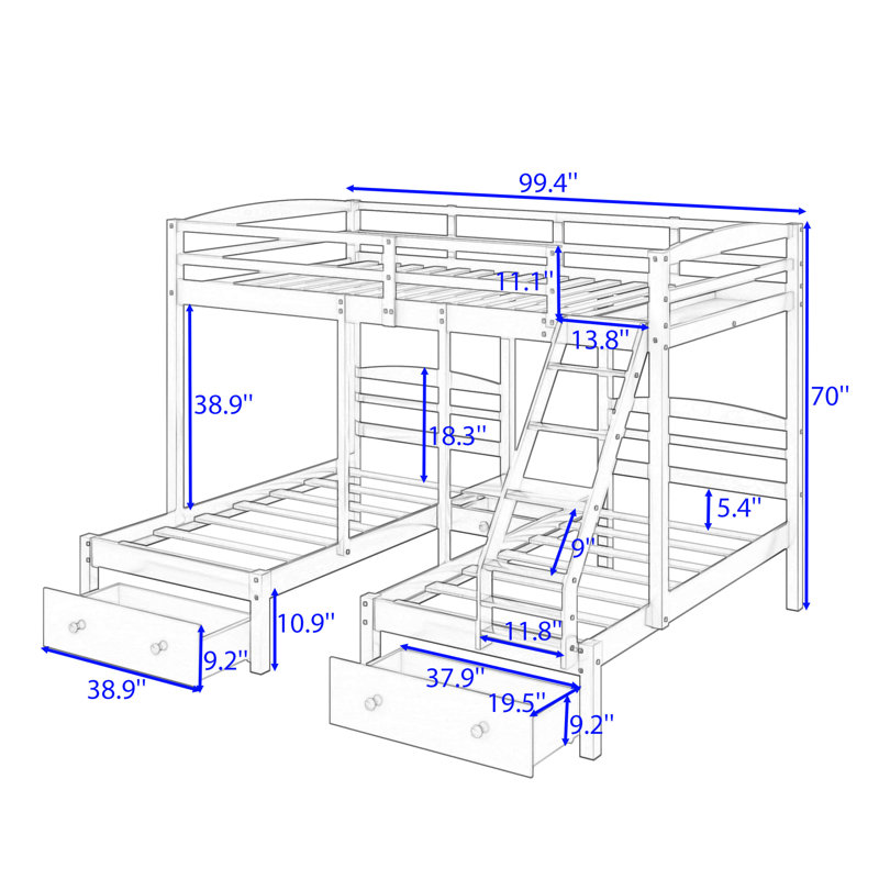 Full Over Twin & Twin 3 Drawer L-Shaped Bunk Beds