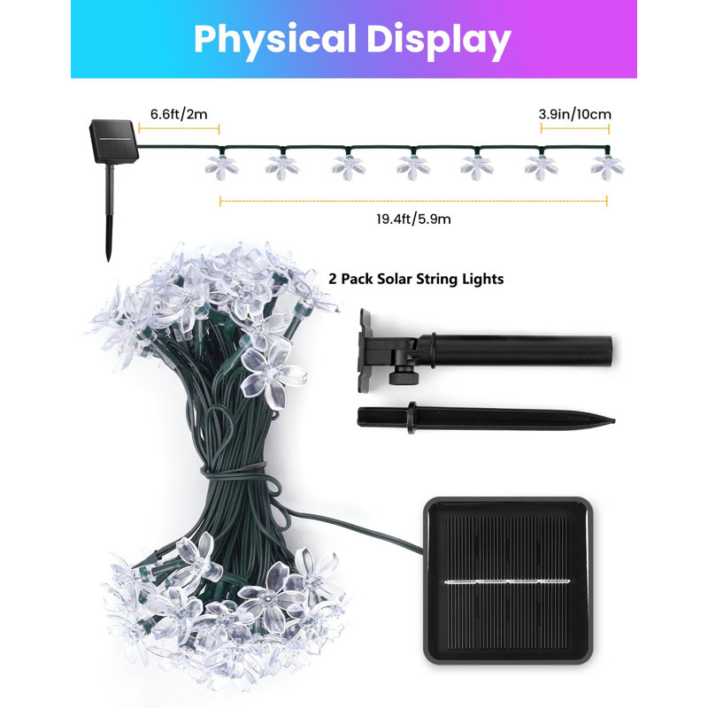 2 Pack Total 52FT 120 LED Flower Solar String Lights Outdoor Waterproof Fairy Lights For Garden Yard Fence Patio Christmas Tree Wedding Party Decor, Multicolor