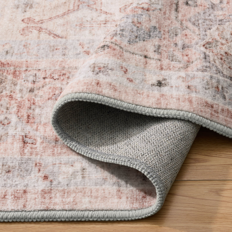 Vintage Soft Pink Machine Washable Oriental Area Rug For Living Room, Bedroom, Rectangle 6' x 9', Pink/Ivory/Gray