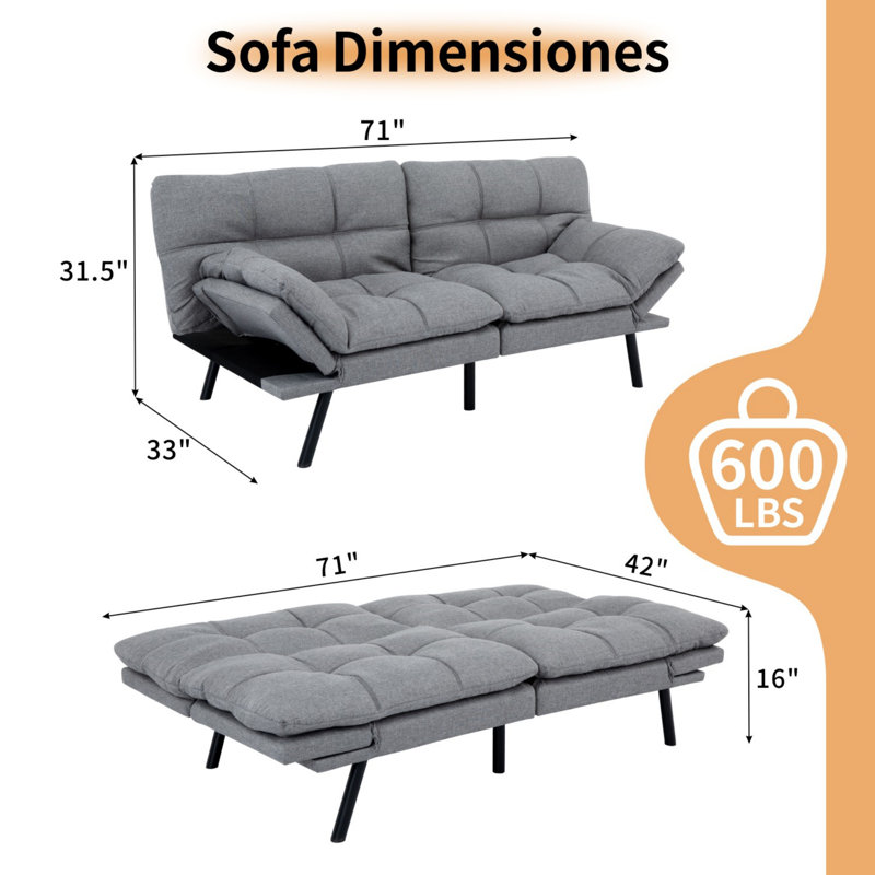 3-in-1 Convertible Futon Sofa Bed, Dual Armrest Styles, Heavy-Duty Compact Loveseat, Light Gray