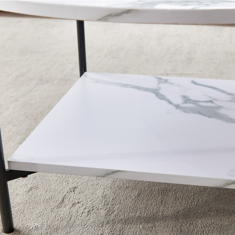 Table basse moderne, structure en métal noir avec plateau de couleur marbre - 36 po, Marron, Noir, Bois naturel