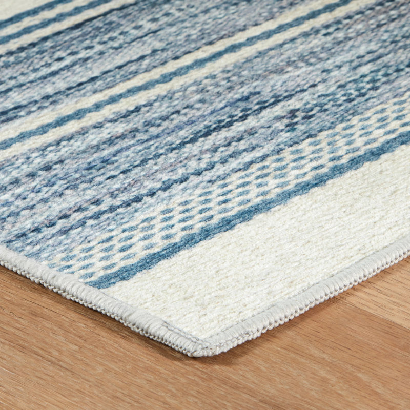 Ellington Machine Printed Polyester Striped Area Rug in Blue/White, Rectangle 3' x 5'