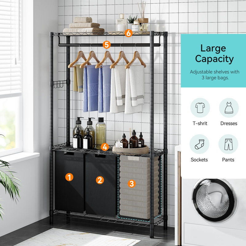 Support à vêtements robuste, support à vêtements réglable pour accrocher la capacité de vêtements avec trieur de linge 3 sections