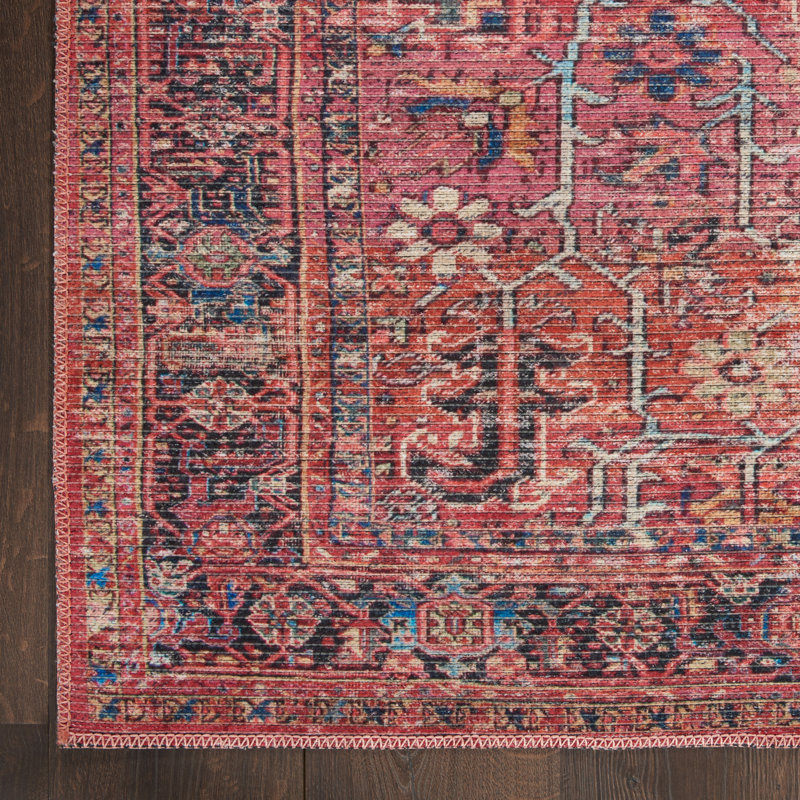 Brick Red Floral Flat Woven Cotton Chenille Rug 6' x 9'