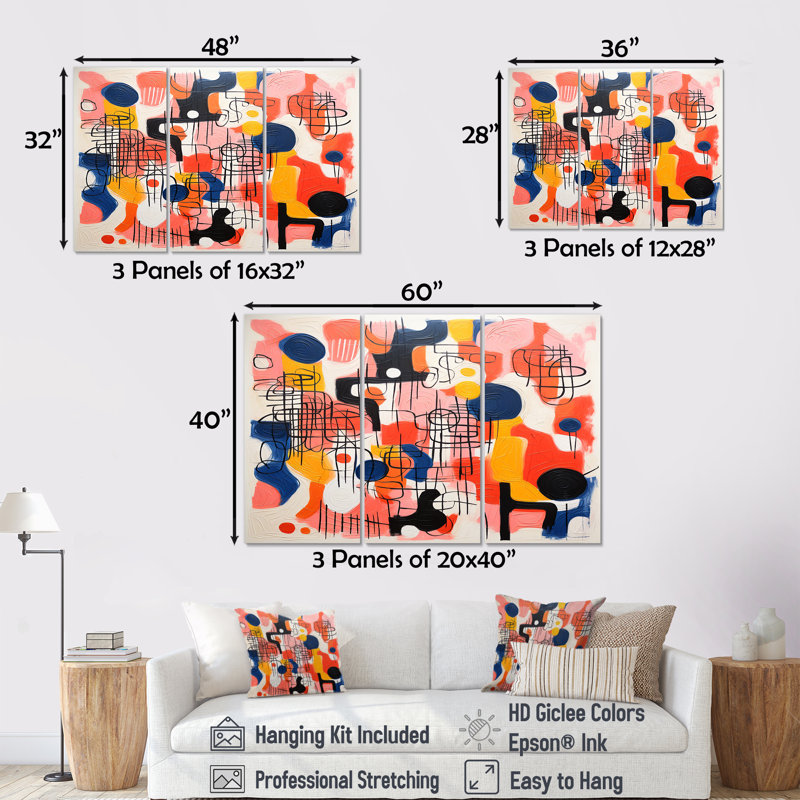«Colorful Crayon Art Minimal Retro Red», ensemble de reproduction d'art abstrait, Toile tendue, H 40 po x l 60 po x P 1 po