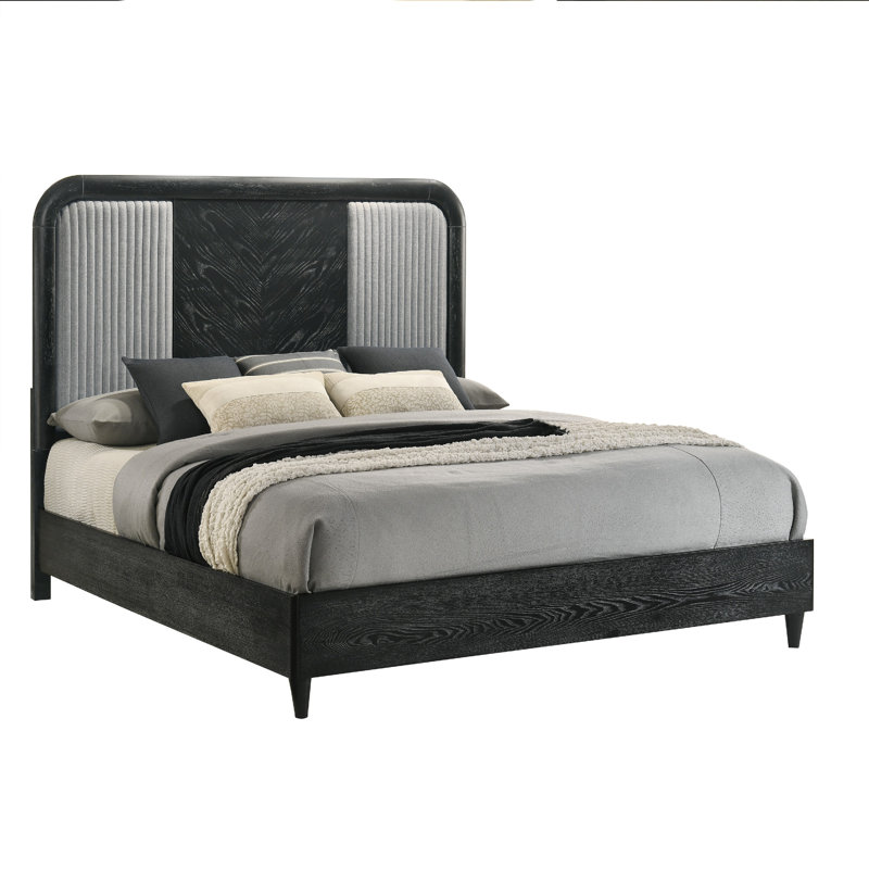Lit très grand Sevy, tissu capitonné gris, bois noir onyx, Très grand