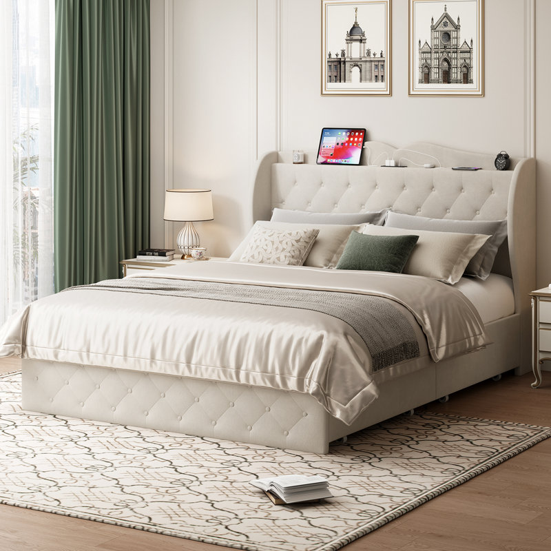 48.4'' Upholstered Bed Frame with 4 Drawers, Bed with Storage Headboard and Charging Station