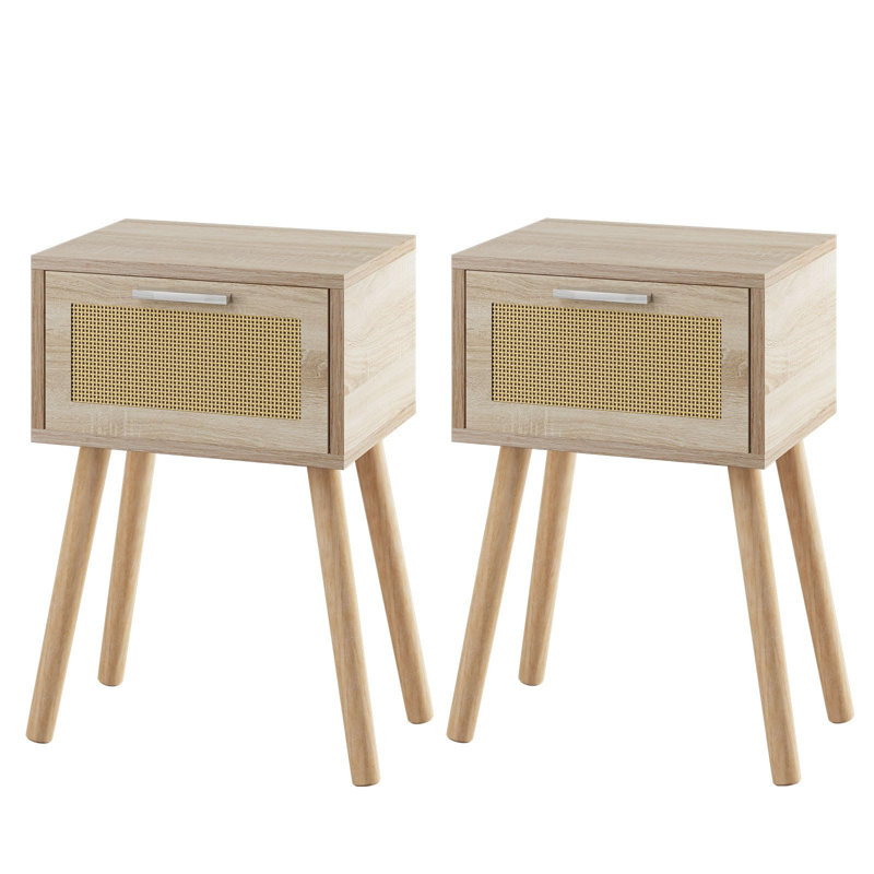 Natural Rattan Drawer Nightstands with Solid Wood Legs, Set of 2