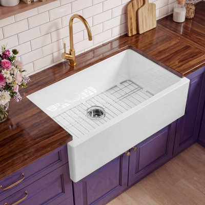 33"L x 20"W Fireclay Self-Trimming Farmhouse Sink with Tall Apron Front, Dual Mount Single Bowl White Farm Sink for Kitchen, Included Sink Grid