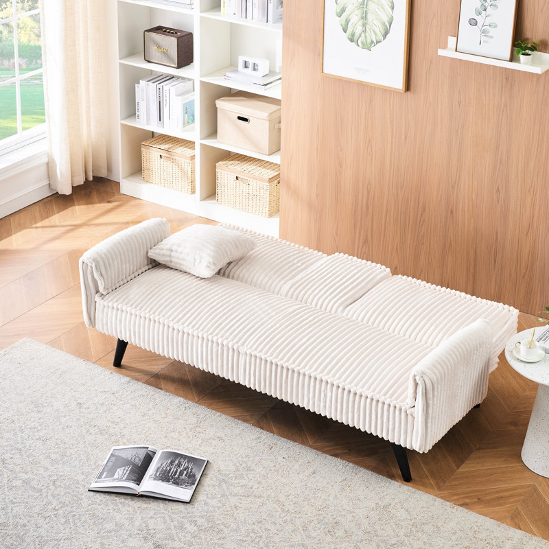 Lit gigogne blanc en velours côtelé: rangement caché, tissu doux, porte-gobelet confortable rembourré d'éponge, structure en bois massif, rétractable