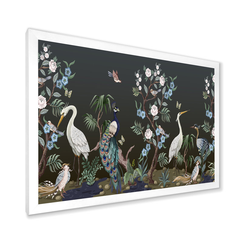 Chinoiserie avec oiseaux et pivoines IV - peinture sur toile, H 30 po x l 40 po x 1,5 po, Cadre photo blanc