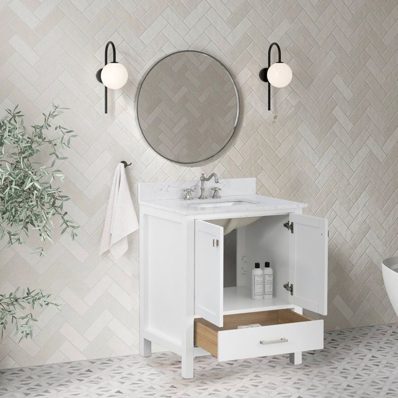 Meuble-lavabo moderne avec lavabo et rangement, Blanc / nickel brossé, 30'