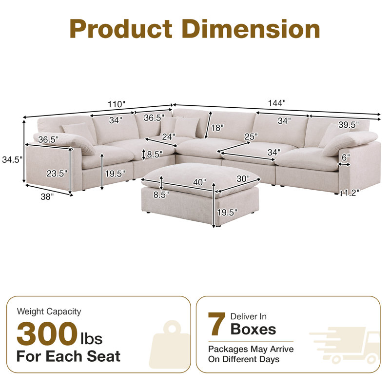 7 Piece 144" Chenille Sectional Sofa Oversized Modular Reversible Deep Seat Cloud Couch With Corner & Removable Ottoman