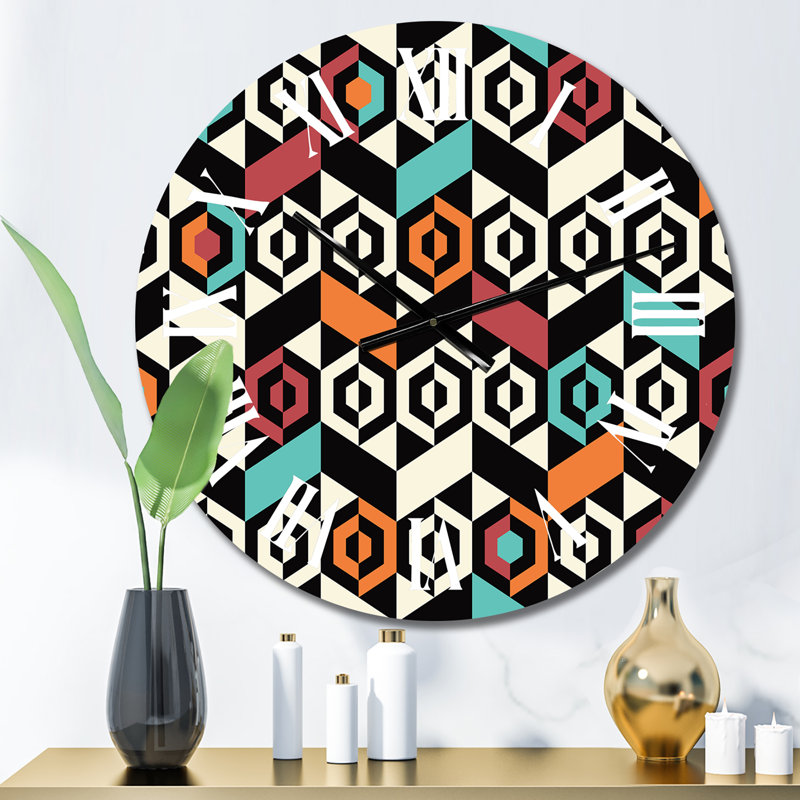 Horloge murale à motif géométrique bleu, rouge et orange I, Petit